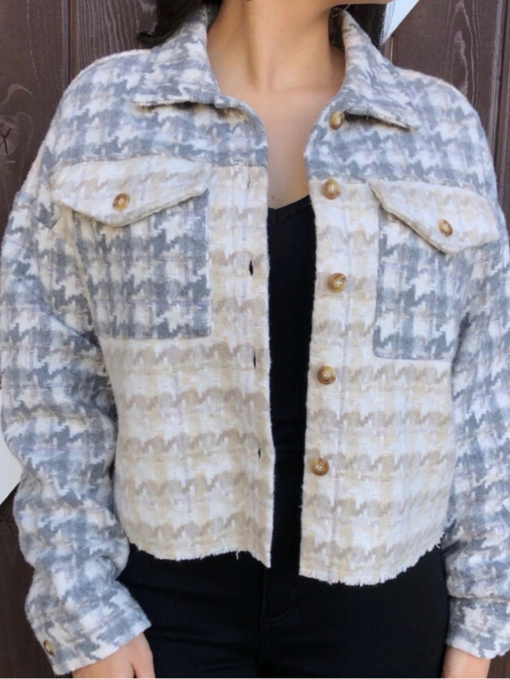 Cropped Houndstooth Jean Jacket in Gray and Cream